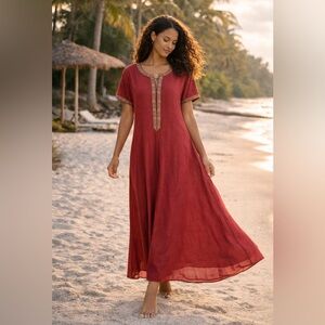 Elegant Flowy Burgundy Short Sleeve Ultra Maxi Dress Cottagecore Festival Resort